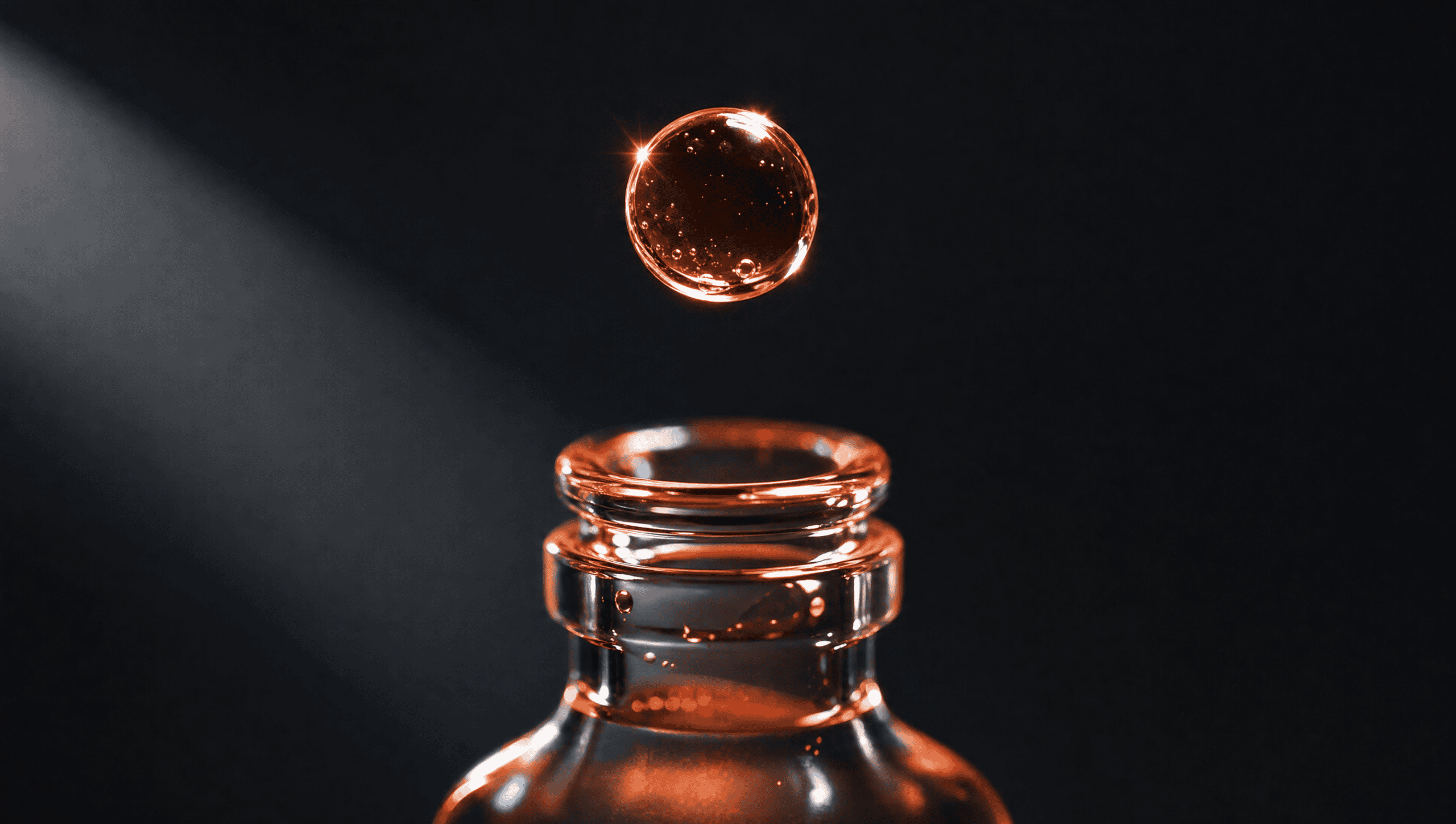 An amber collagen serum droplet suspended above an open ampoule bottle