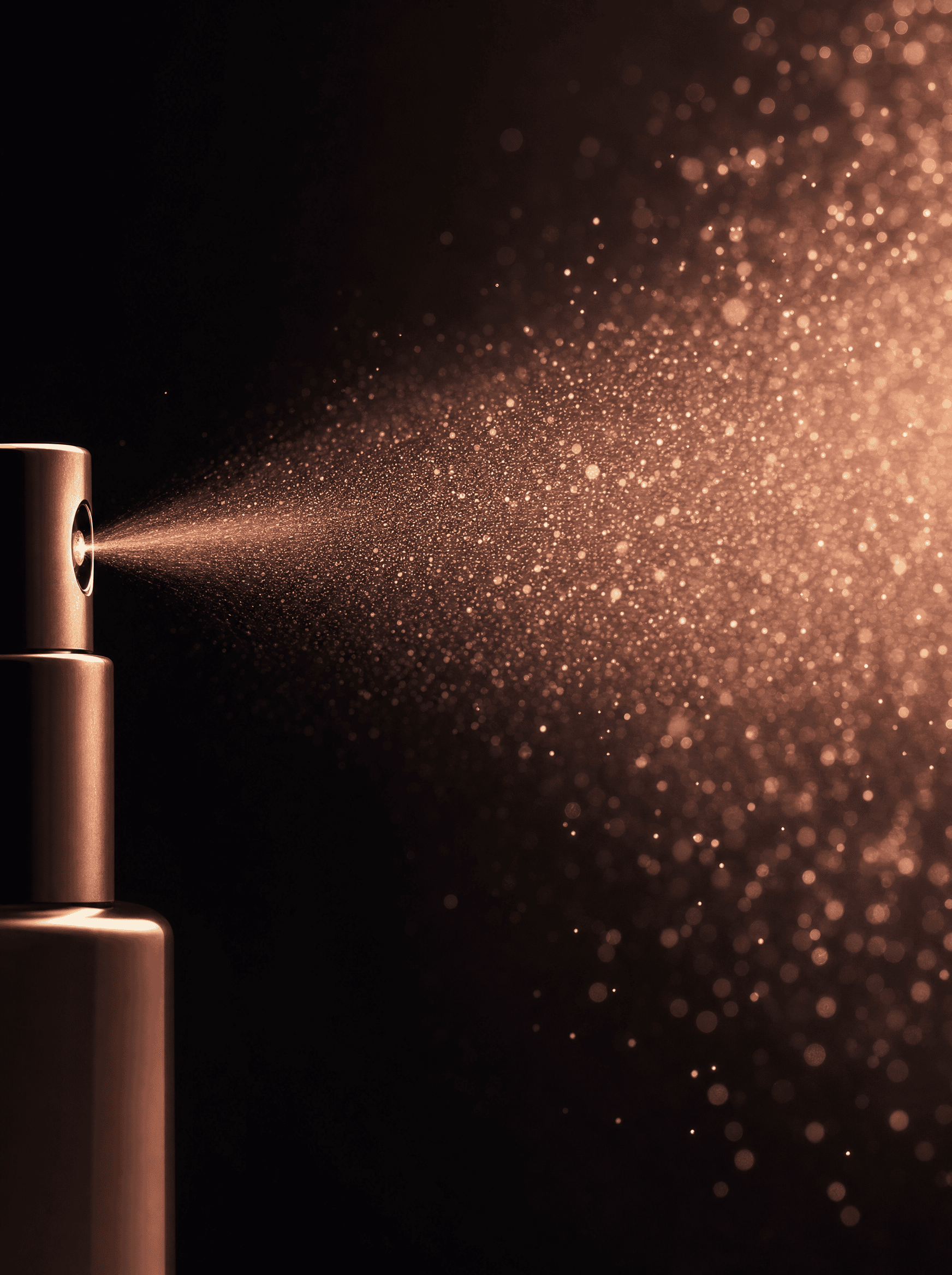 A fine golden collagen mist spraying from a bottle against a dark backdrop